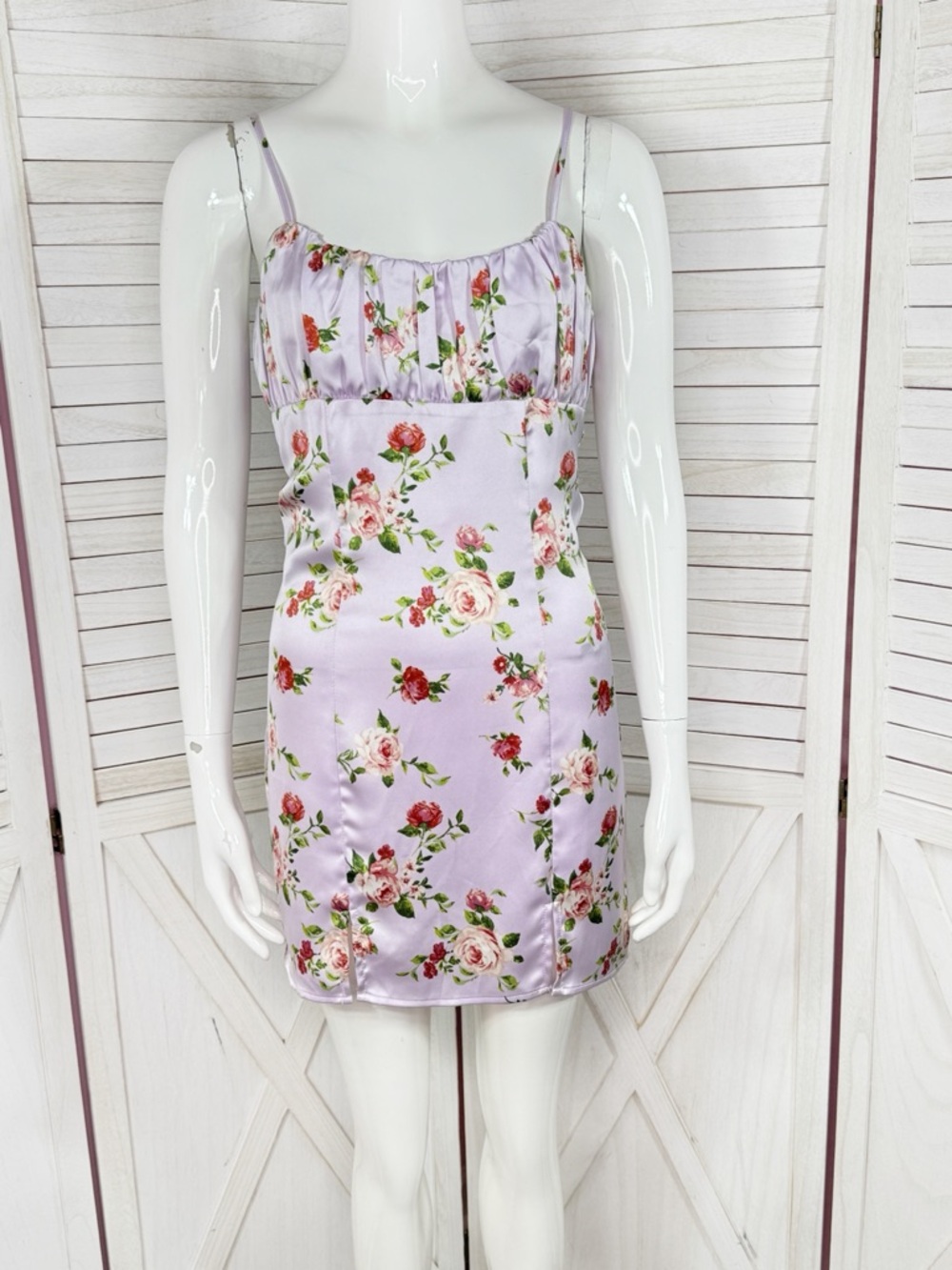 Forever 21‎ Y2K Slip Dress Twee Satin Floral Ruched Top Slip Mini Lavender Small